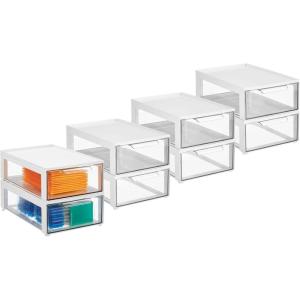 imagemDesign Plastic Desk Organizer and Storage Bin wPull Out Drawer  Shallow Stackable Office Storage Container for Office Supplies  Desktop Drawer Organizer  Lumiere Collection  8 Pack WhiteClear