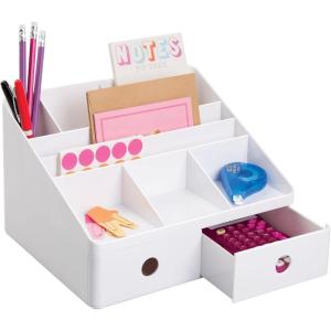 imagemDesign Plastic Home Office Storage Bin Desk Organizer for Desktops Tables Work Spaces  Holds Scissors Pens Markers Highlighters Tape Folders Note Pads Supplies  2 Drawers  White