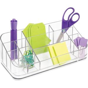 imagemDesign Plastic Home Office Storage Organizer Bin  Divided Holder for Cabinet Countertop Desk Workspace  for Gel Pens Colored Pencils Erasers Washi Tape Paper Clips  14 Compartments  Clear