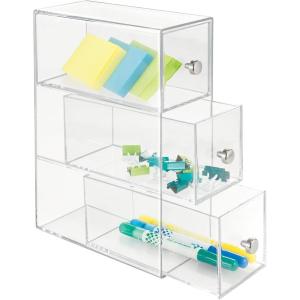 imagemDesign Plastic Stackable Desktop Organizer Tower Storage Station with 3 Drawers for Home Office  Holds Pens Sticky Notes Binder Clips Notepads Gel Pens or Erasers  Lumiere Collection  Clear