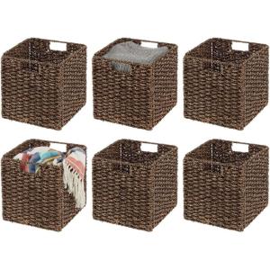 imagemDesign Seagrass Woven Cube Basket Organizer with Handles  Storage for Bedroom Office Living Room Bathroom Perfect for Cubby Storage Units  Hold Blankets Magazines Books  6 Pack  Brown Wash
