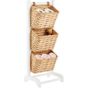 imagemDesign Water Hyacinth 3Tiered Storage Baskets Floor Stand with Market Basket Storage Bins  Vertical Standing Rack for Living Room Laundry Bedroom Bathroom Office Organization  WhiteNaturalWhiteNatural
