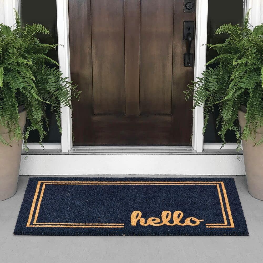 imagemDesign Rectangular Coir and Rubber Entryway Welcome Doormat with Natural Fibers for Indoor or Outdoor Use  Decorative Script Hello Double Border Design  36quot x 22quot  NaturalNavyNavy Border Hello