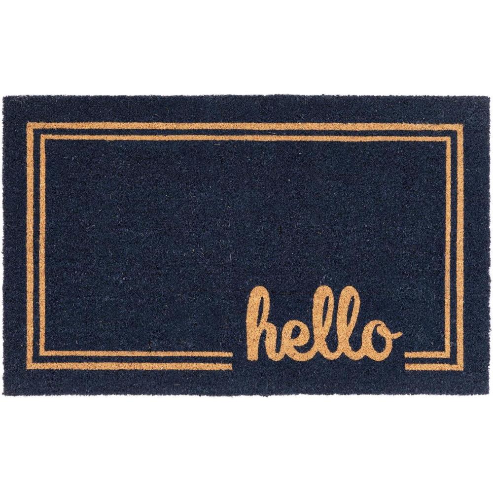 imagemDesign Rectangular Coir and Rubber Entryway Welcome Doormat with Natural Fibers for Indoor or Outdoor Use  Decorative Script Hello Double Border Design  36quot x 22quot  NaturalNavyNavy Border Hello