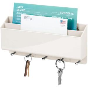 imagemDesign Plastic and Metal Key Box for Hallway and Kitchen  Compact Wall Mounted Key Box with 2 Mail Compartments and 5 Hooks  Plastic Letter Rack  Cream
