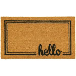 imagemDesign Rectangular Coir and Rubber Entryway Welcome Doormat with Natural Fibers for Indoor or Outdoor Use  Decorative Script Hello Design  NaturalBlackNatural Border Hello