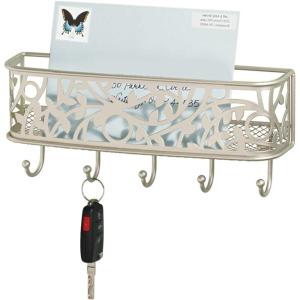 imagemDesign Wall Mount Metal Entryway Storage Organizer Mail Sorter Basket with 5 Hooks  Letter Magazine Coat Leash and Key Holder for Entryway Mudroom Hallway Kitchen Office  SatinSatin