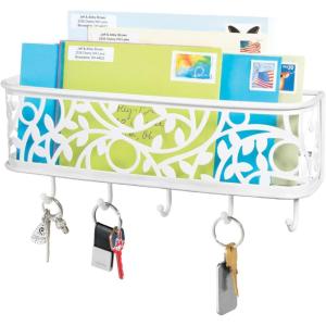 imagemDesign Wall Mount Metal Entryway Storage Organizer Mail Sorter Basket with 5 Hooks  Letter Magazine Coat Leash and Key Holder for Entryway Mudroom Hallway Kitchen Office  SatinMatte White