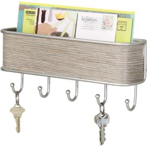 imagemDesign Wall Mount Metal Mail Organizer Storage Basket  5 Hooks  for Entryway Mudroom Hallway Kitchen Office  Holds Letters Magazines Coats Keys  SatinGray Wood Finish