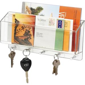imagemDesign Wall Mount Plastic Divided Mail Organizer Storage Basket  2 Sections 5 Metal Peg Hooks  for Entryway Mudroom Hallway Kitchen Office  Holds Letters Magazines Coats Keys  Clear