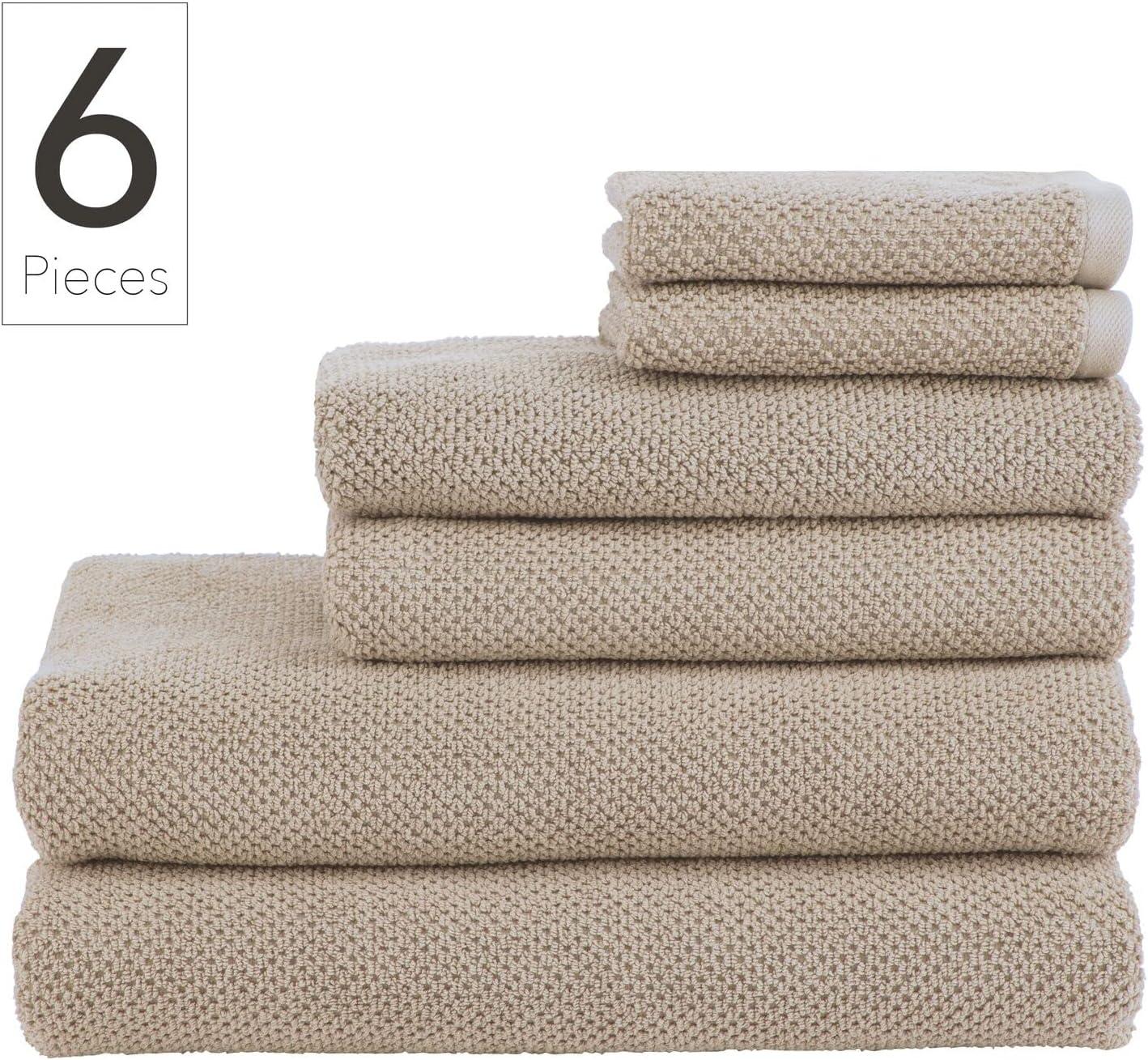 imageNate Home by Nate Berkus 100 Cotton Textured Rice Weave 6Piece Towel Set  2 Bath Towels Hand Towels and Washcloths Soft and Absorbent for Bathroom from mDesign  Set of 6 Fossil Beige
