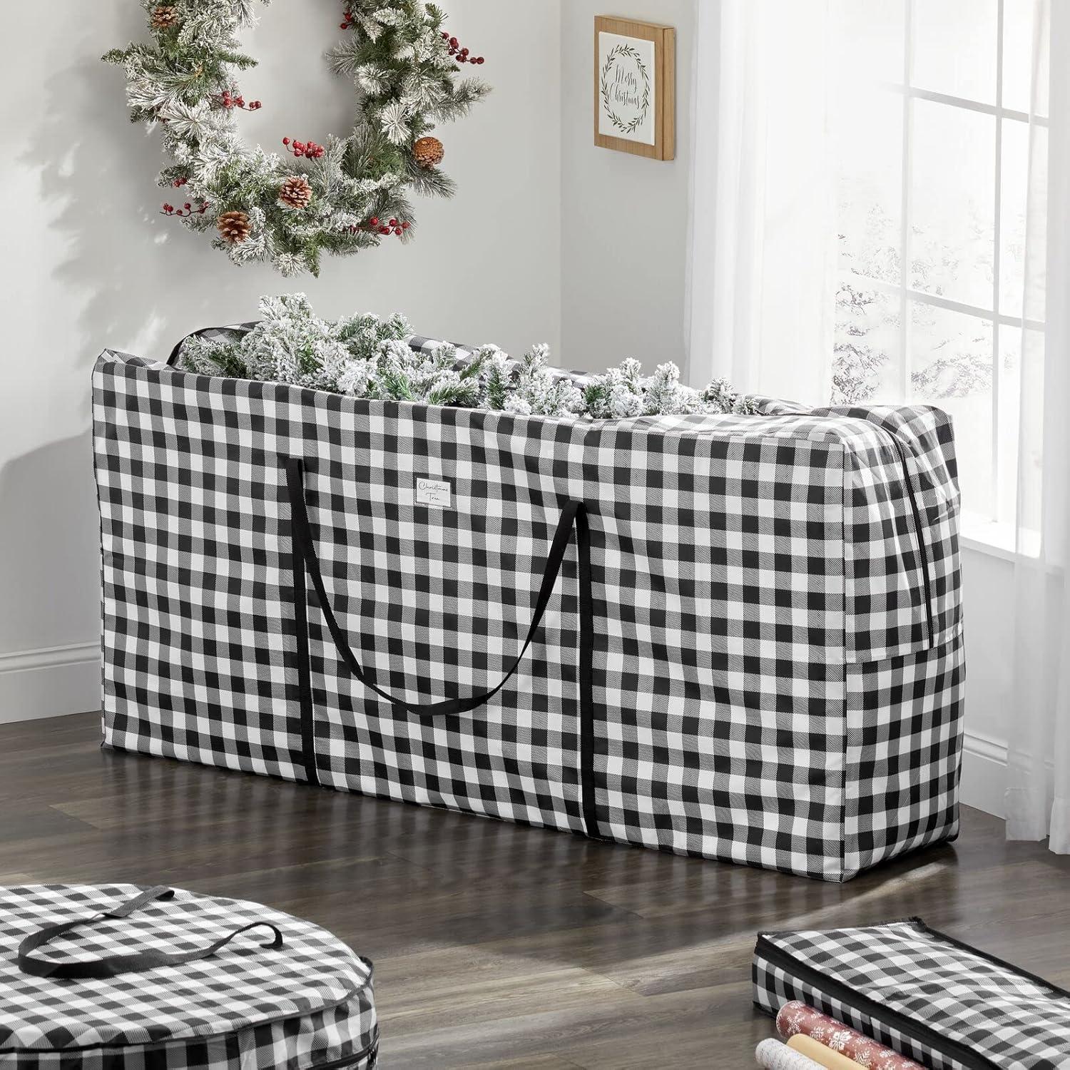 imagemDesign Extra Large Christmas Tree Storage Bag with Handles  Zippered Storage Tote  Durable Storage Container for Christmas Tree Wreaths Garland and Holiday Decor  Buffalo Plaid BlackWhite