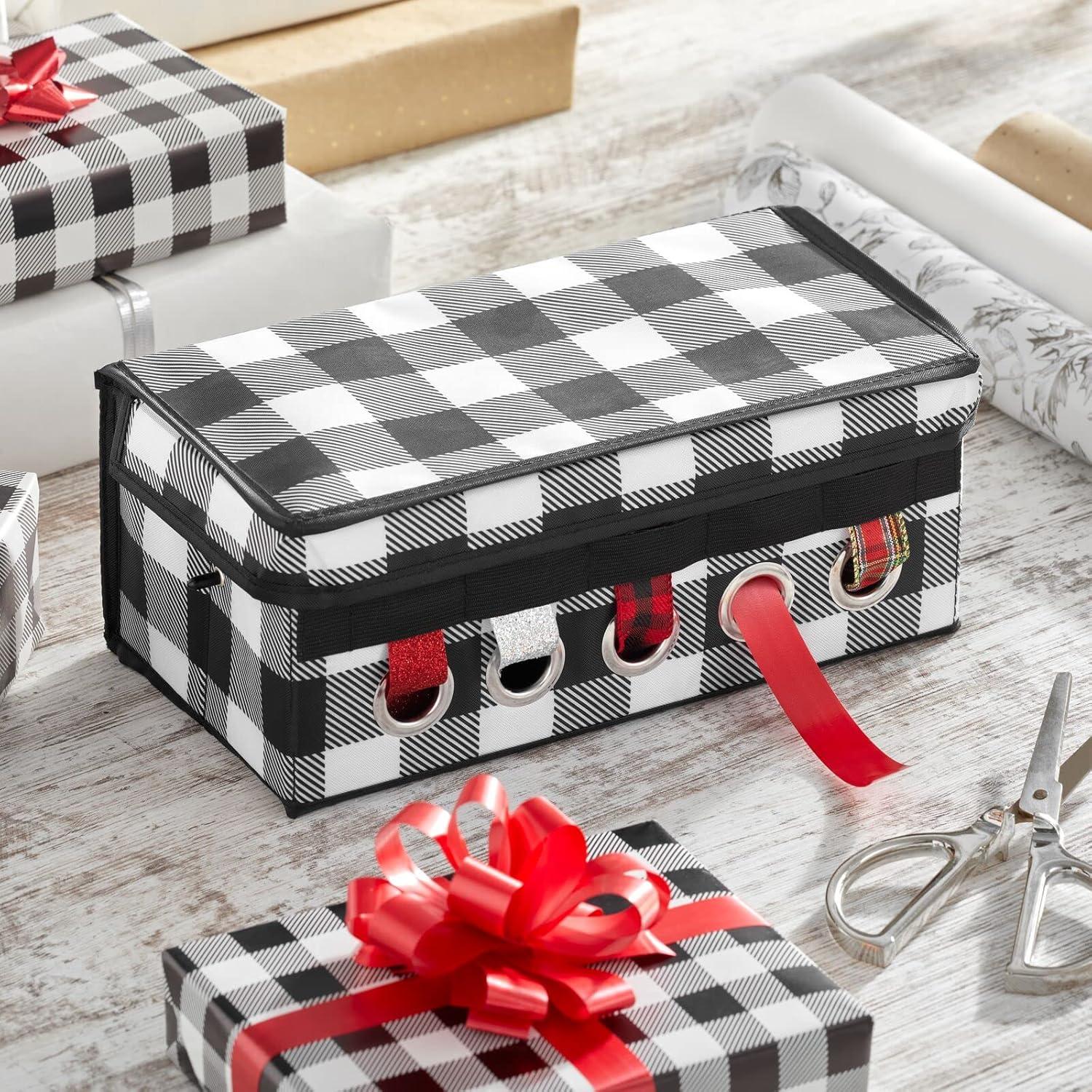 imagemDesign GiftWrapping Ribbon Storage Box with Handles  Holiday Bow Organizer Container with Lid  Christmas Giftwrap Ribbon Holder  Gift Storage Tote Bin and Bow Station  Buffalo Plaid BlackWhite