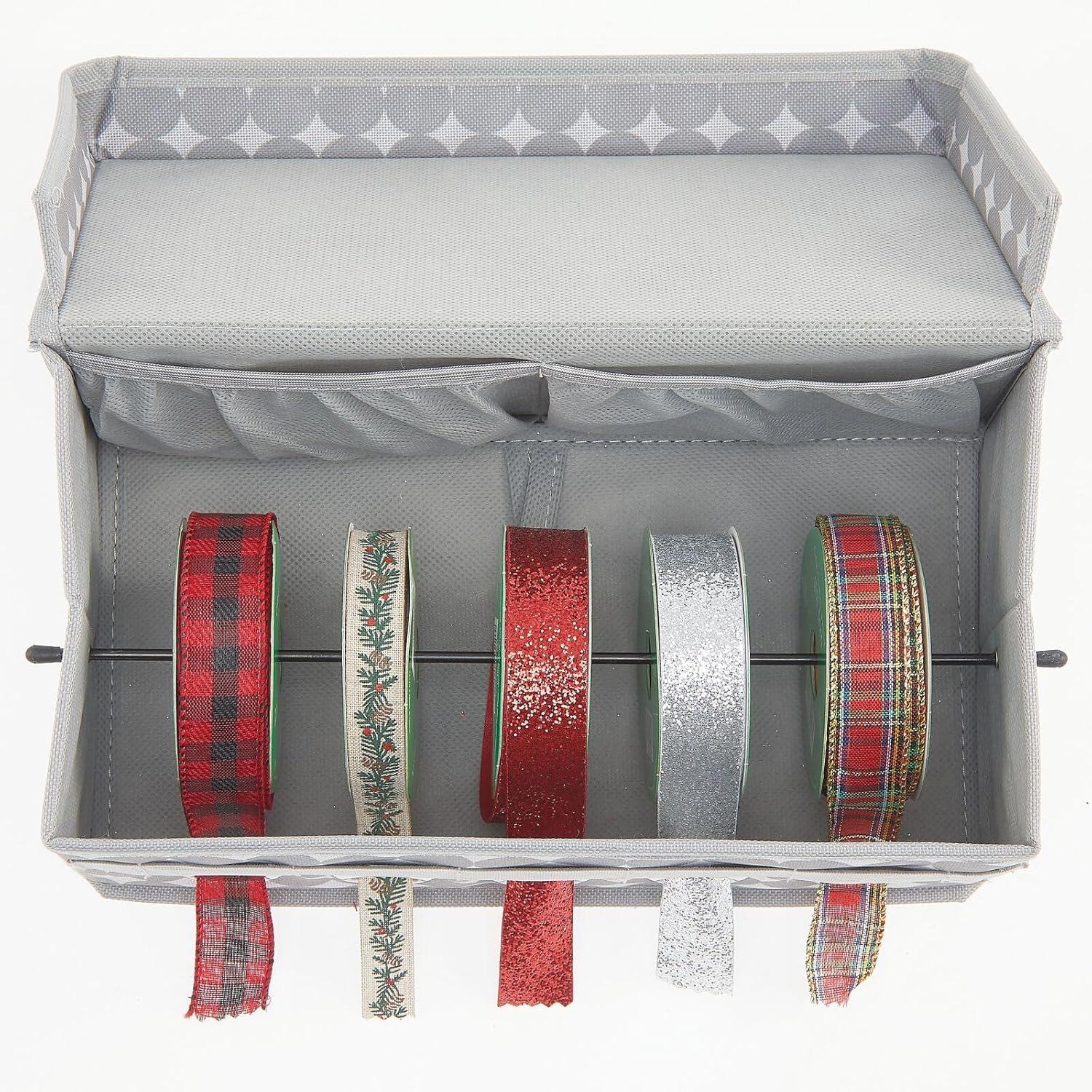 imagemDesign GiftWrapping Ribbon Storage Box with Handles  Holiday Bow Organizer Container with Lid  Christmas Giftwrap Ribbon Holder  Gift Storage Tote Bin and Bow Station with Polka Dots  Gray