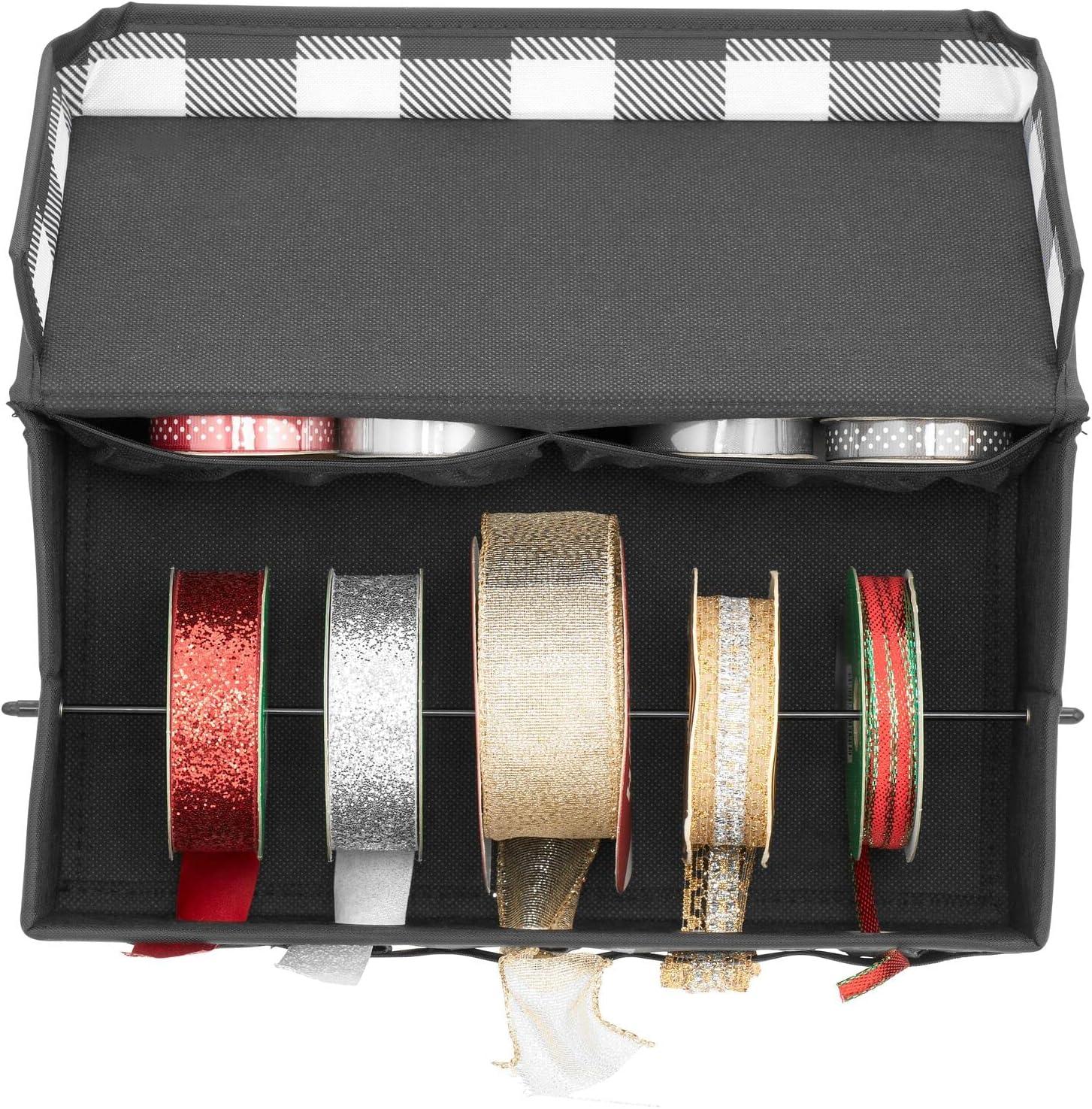 imagemDesign GiftWrapping Ribbon Storage Box with Handles  Holiday Bow Organizer Container with Lid  Christmas Giftwrap Ribbon Holder  Gift Storage Tote Bin and Bow Station  Buffalo Plaid BlackWhite