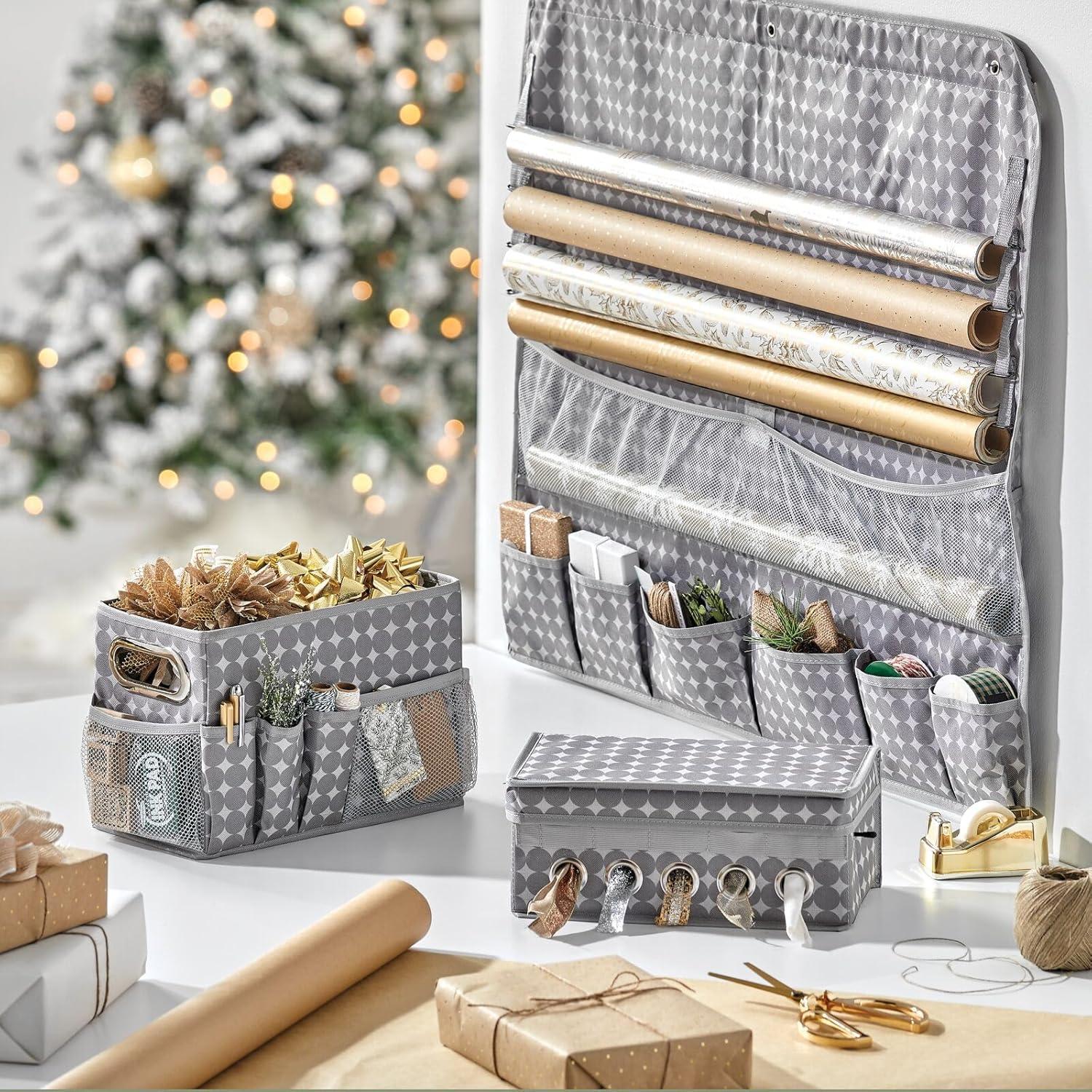 imagemDesign GiftWrapping Ribbon Storage Box with Handles  Holiday Bow Organizer Container with Lid  Christmas Giftwrap Ribbon Holder  Gift Storage Tote Bin and Bow Station with Polka Dots  Gray