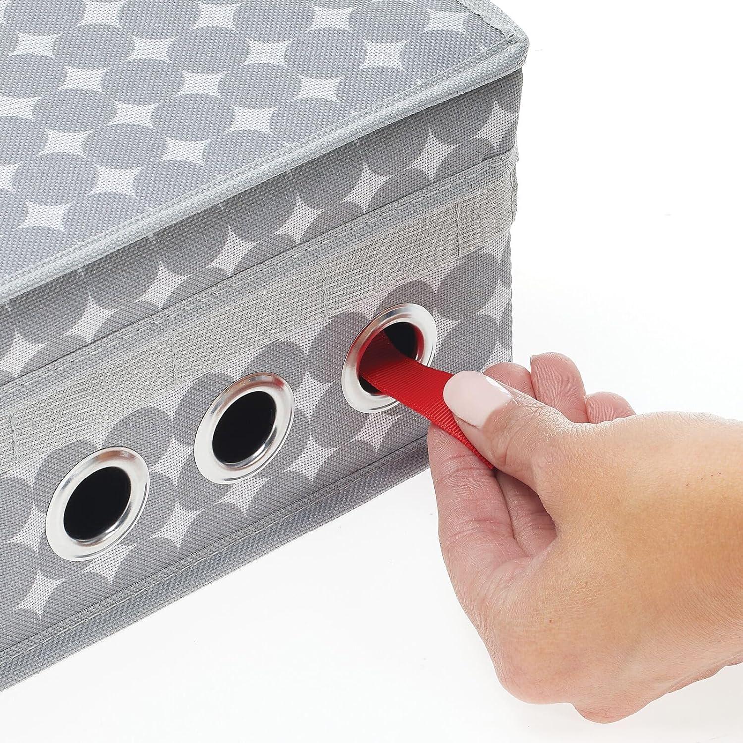 imagemDesign GiftWrapping Ribbon Storage Box with Handles  Holiday Bow Organizer Container with Lid  Christmas Giftwrap Ribbon Holder  Gift Storage Tote Bin and Bow Station with Polka Dots  Gray
