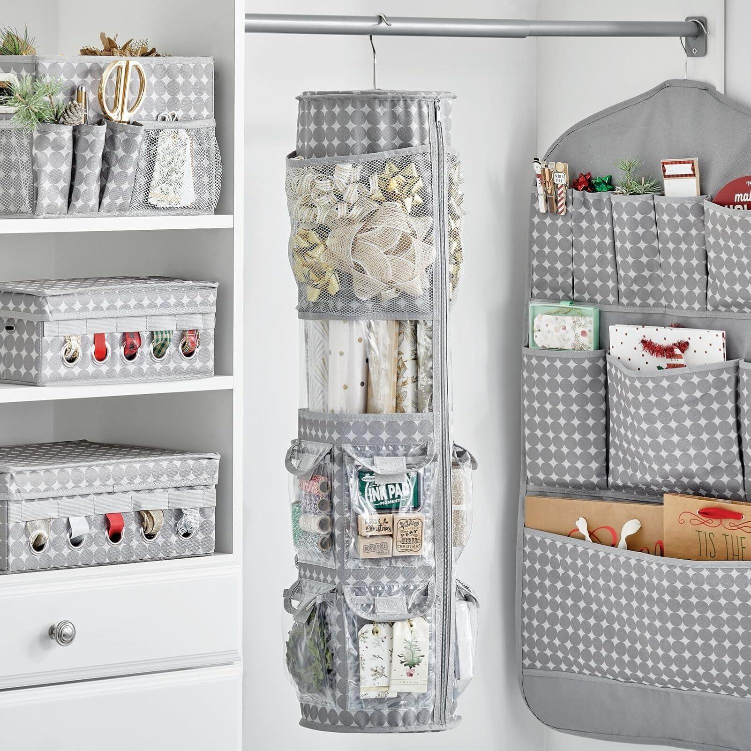 imagemDesign GiftWrapping Ribbon Storage Box with Handles  Holiday Bow Organizer Container with Lid  Christmas Giftwrap Ribbon Holder  Gift Storage Tote Bin and Bow Station with Polka Dots  Gray