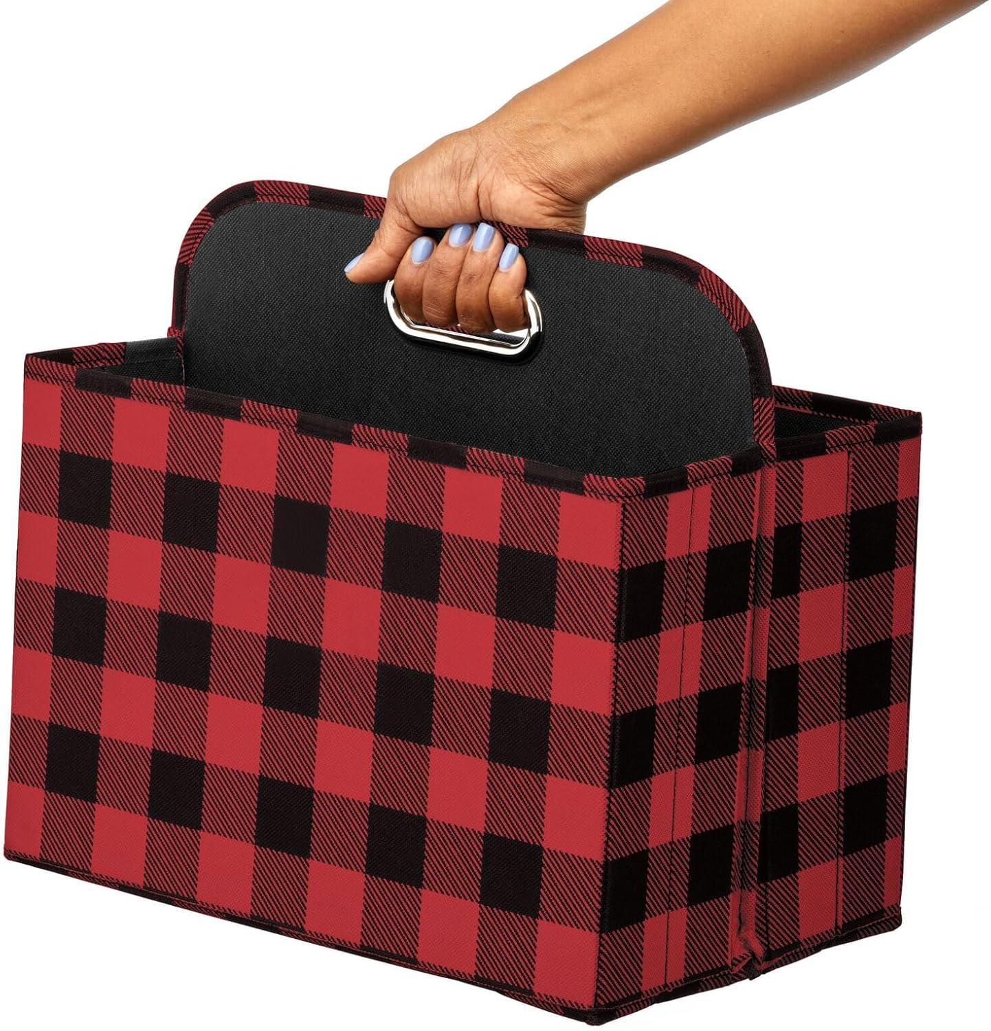 imagemDesign Holiday Storage Box for Gift Wrapping and Bows with Compartments and Handle  Christmas Organizer Tote for Ribbons  Divided Container for Crafts and Stationary  Buffalo Plaid RedBlack