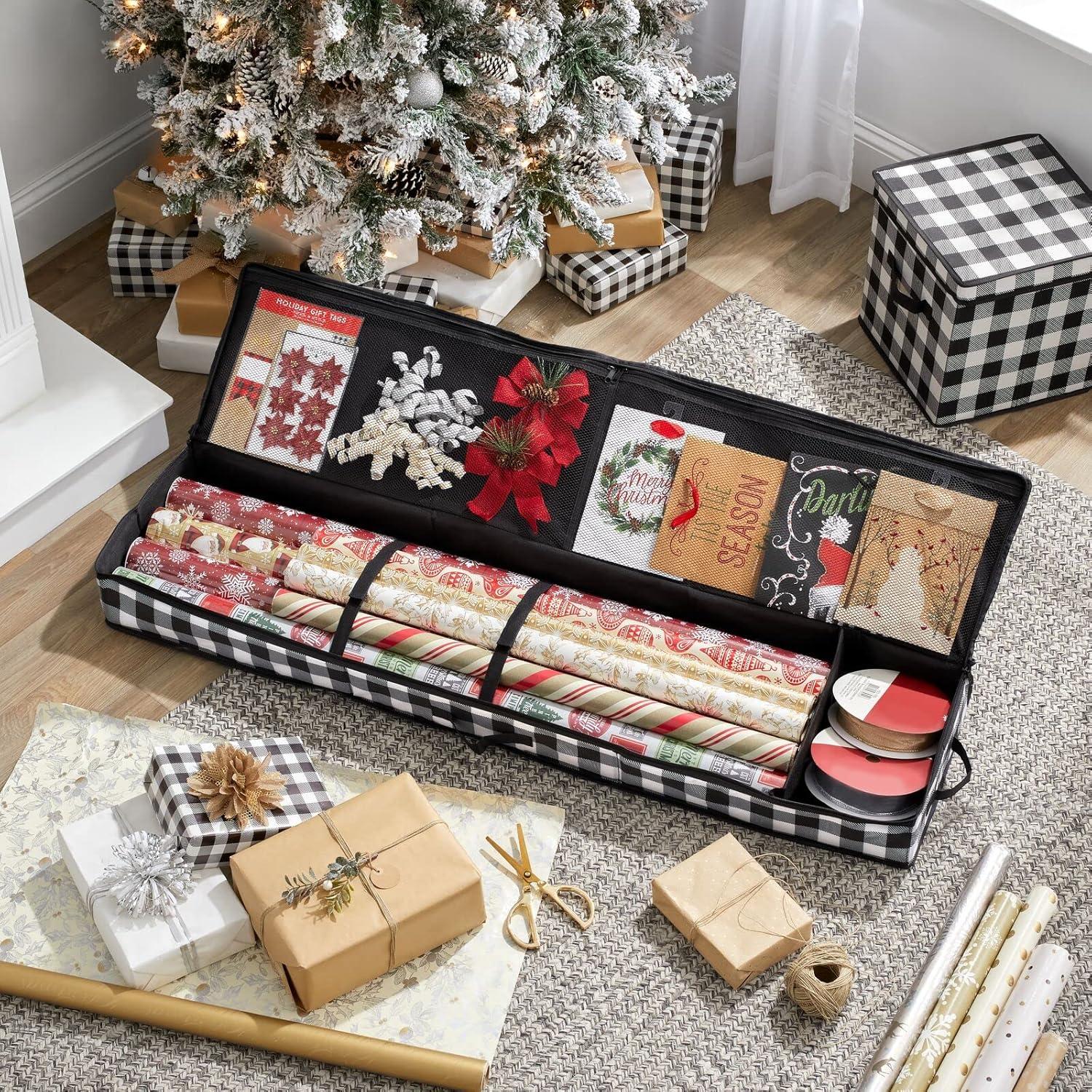imagemDesign Long GiftWrapping Paper Storage Bag with Handles Holder for Christmas and Holiday Organizer Container Box  Zipper Lid for Rolls of Wrap Under Bed Storage Totes Buffalo Plaid BlackWhite