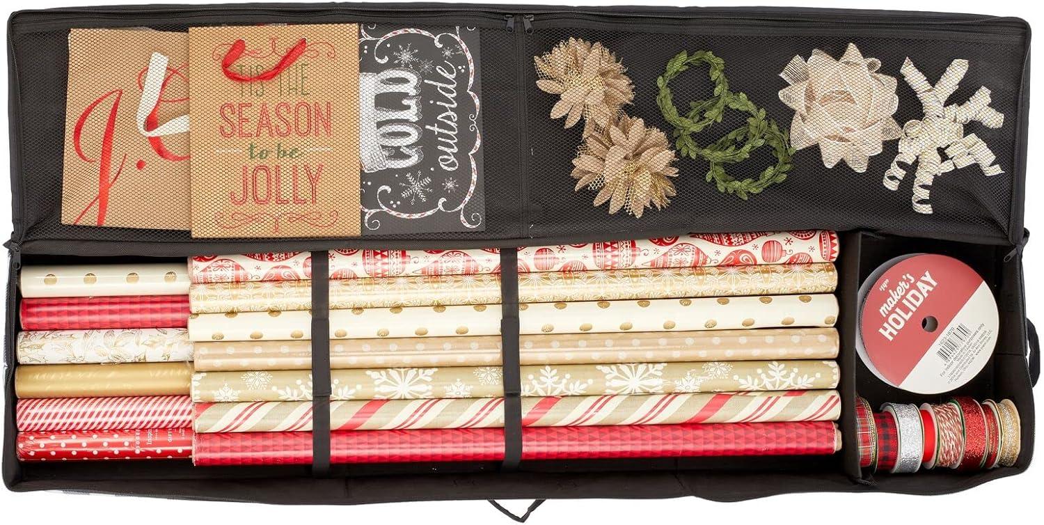imagemDesign Long GiftWrapping Paper Storage Bag with Handles Holder for Christmas and Holiday Organizer Container Box  Zipper Lid for Rolls of Wrap Under Bed Storage Totes Buffalo Plaid BlackWhite