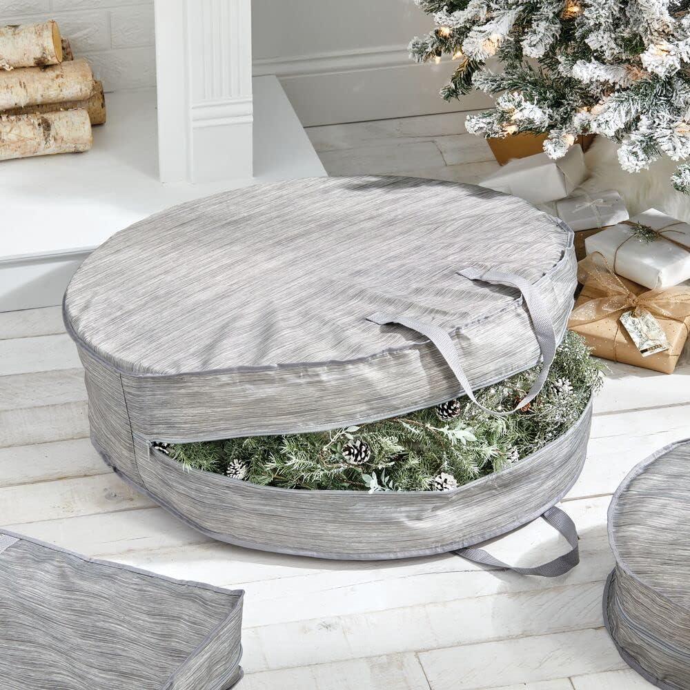 imagemDesign Round 30quot Wreath Storage Container with Handles  Fabric Christmas Wreath Storage Bag and Protector  Garland Storage Bag Container  Holiday Decoration Organizer  2 Pack Striped TaupeTan