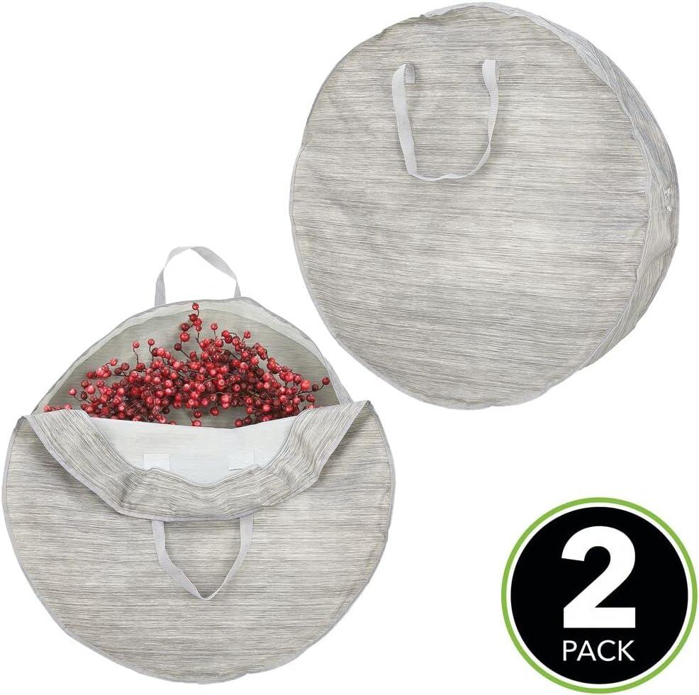 imagemDesign Round 30quot Wreath Storage Container with Handles  Fabric Christmas Wreath Storage Bag and Protector  Garland Storage Bag Container  Holiday Decoration Organizer  2 Pack Striped TaupeTan