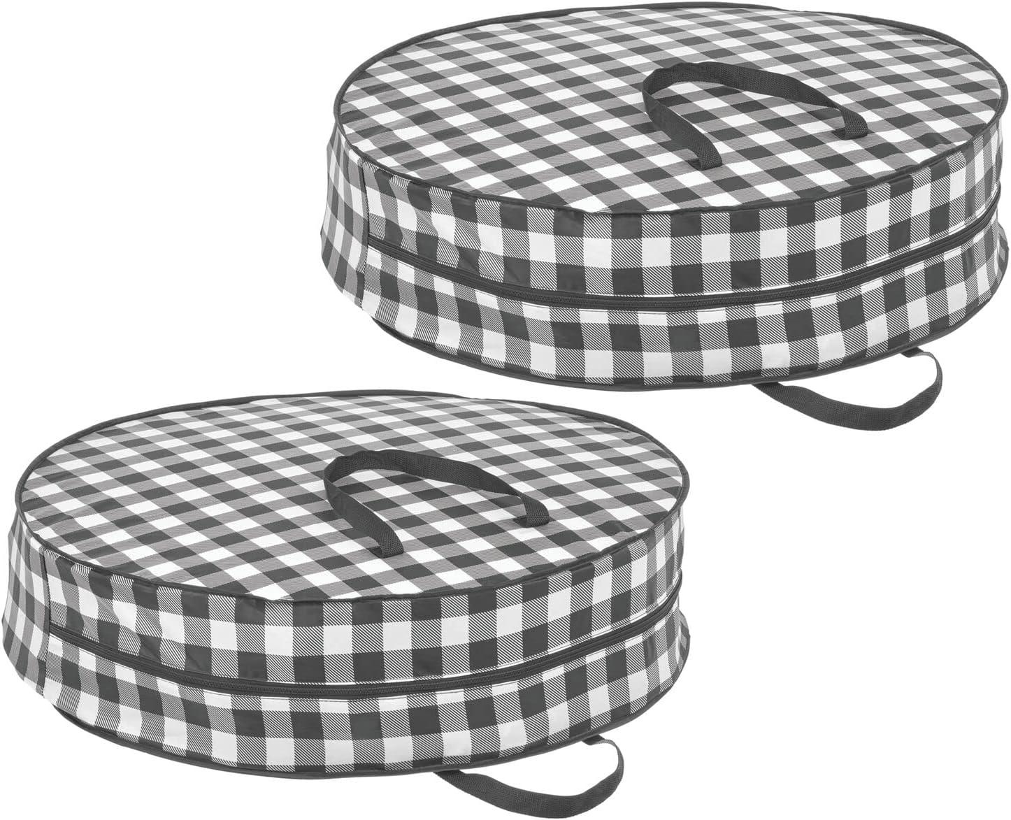 imagemDesign Round 30quot Wreath Storage Container with Handles Fabric Christmas Wreath Storage Bag Protector Garland Storage Bag Container Holiday Decoration Organizer  2 Pack Buffalo Plaid BlackWhite