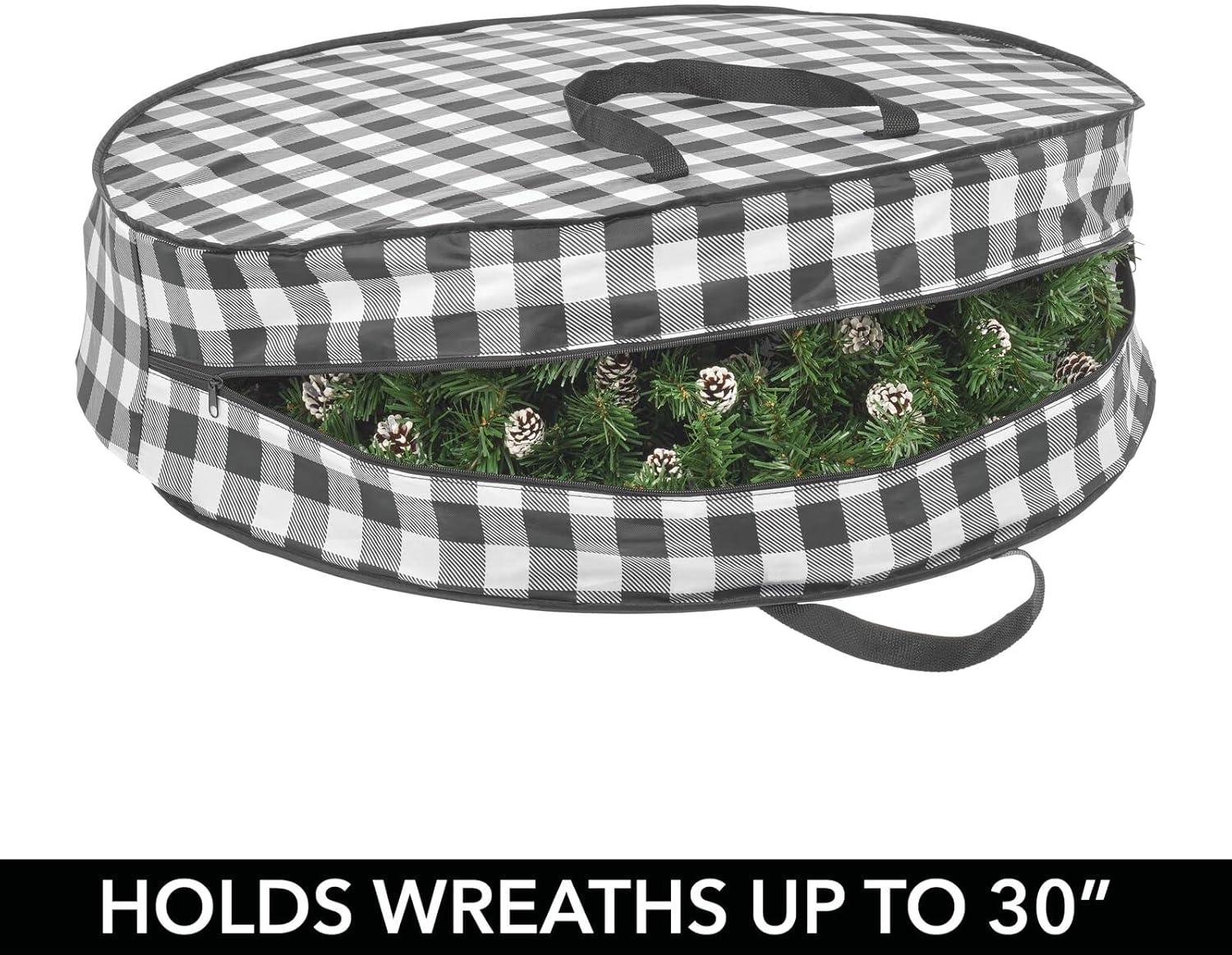 imagemDesign Round 30quot Wreath Storage Container with Handles Fabric Christmas Wreath Storage Bag Protector Garland Storage Bag Container Holiday Decoration Organizer  2 Pack Buffalo Plaid BlackWhite