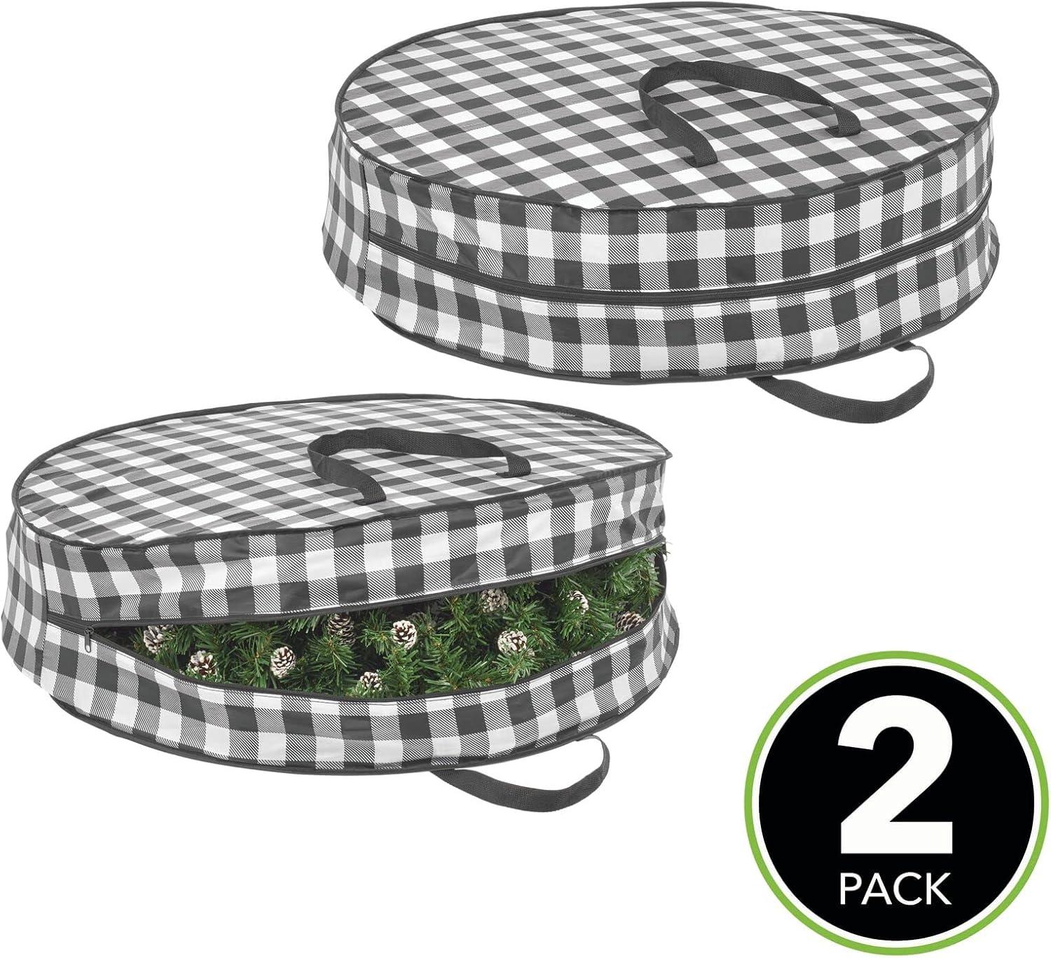 imagemDesign Round 30quot Wreath Storage Container with Handles Fabric Christmas Wreath Storage Bag Protector Garland Storage Bag Container Holiday Decoration Organizer  2 Pack Buffalo Plaid BlackWhite