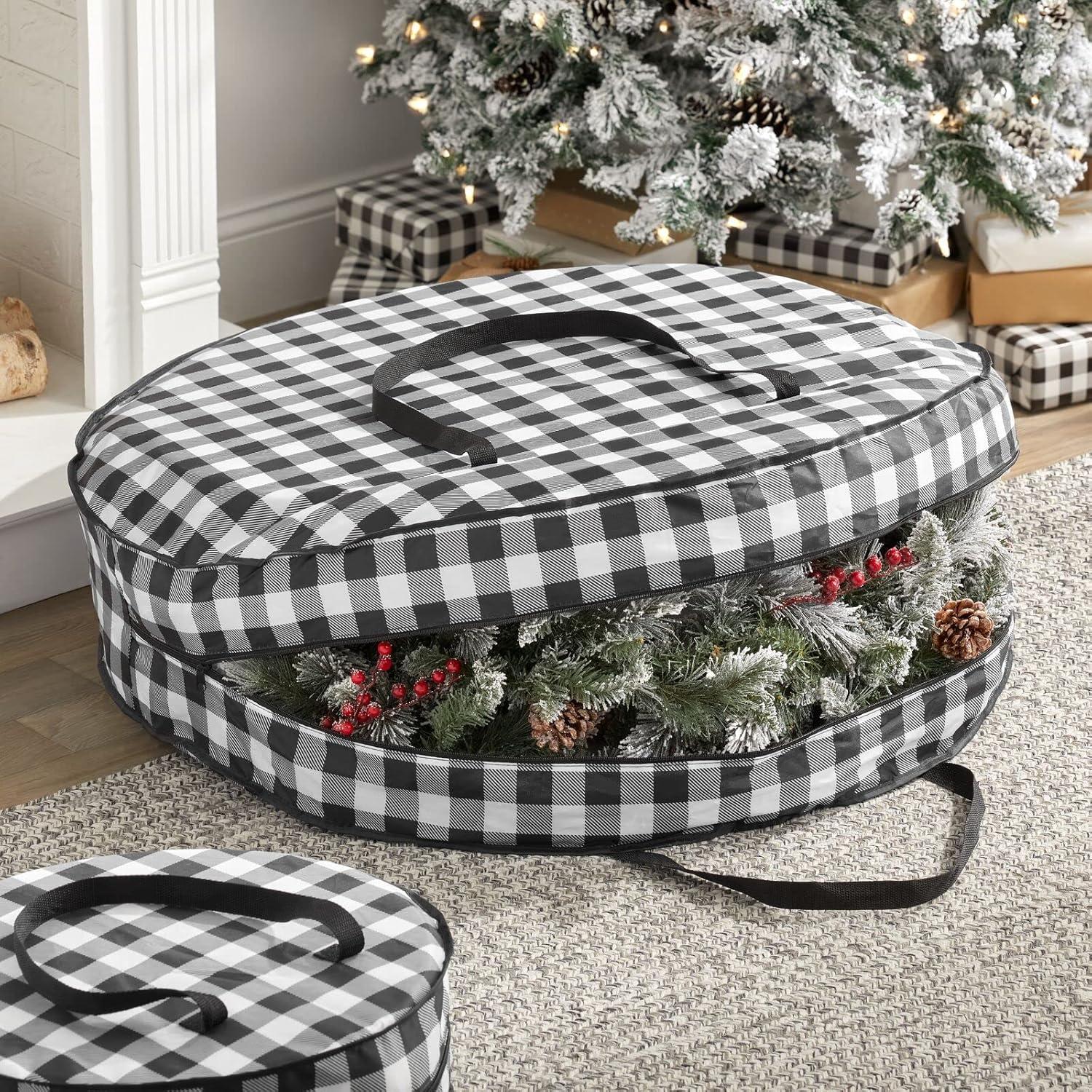 imagemDesign Round 36quot Wreath Storage Container with Handles Fabric Christmas Wreath Storage Bag Protector Garland Storage Bag Container Holiday Decoration Organizer 2 Pack Buffalo Plaid BlackWhite