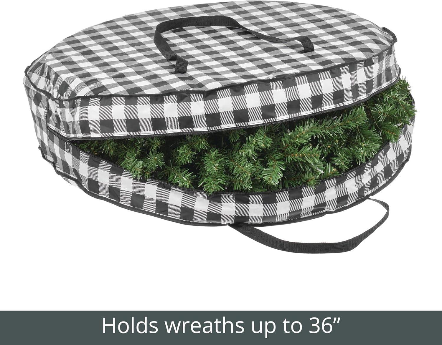 imagemDesign Round 36quot Wreath Storage Container with Handles Fabric Christmas Wreath Storage Bag Protector Garland Storage Bag Container Holiday Decoration Organizer 2 Pack Buffalo Plaid BlackWhite
