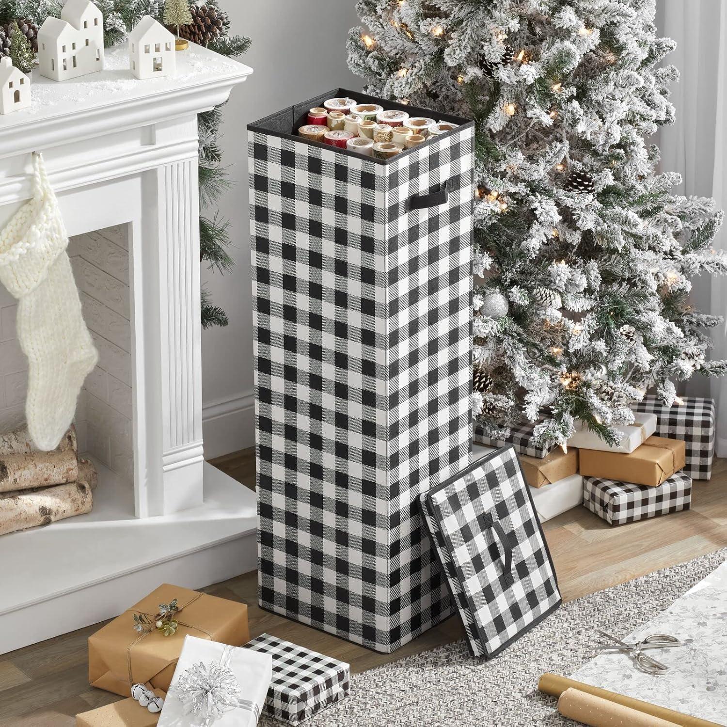 imagemDesign Tall GiftWrap Storage Box with Handles  Upright Wrap Storage Organizer  Buffalo Plaid BlackWhite  118 x 138 x 41
