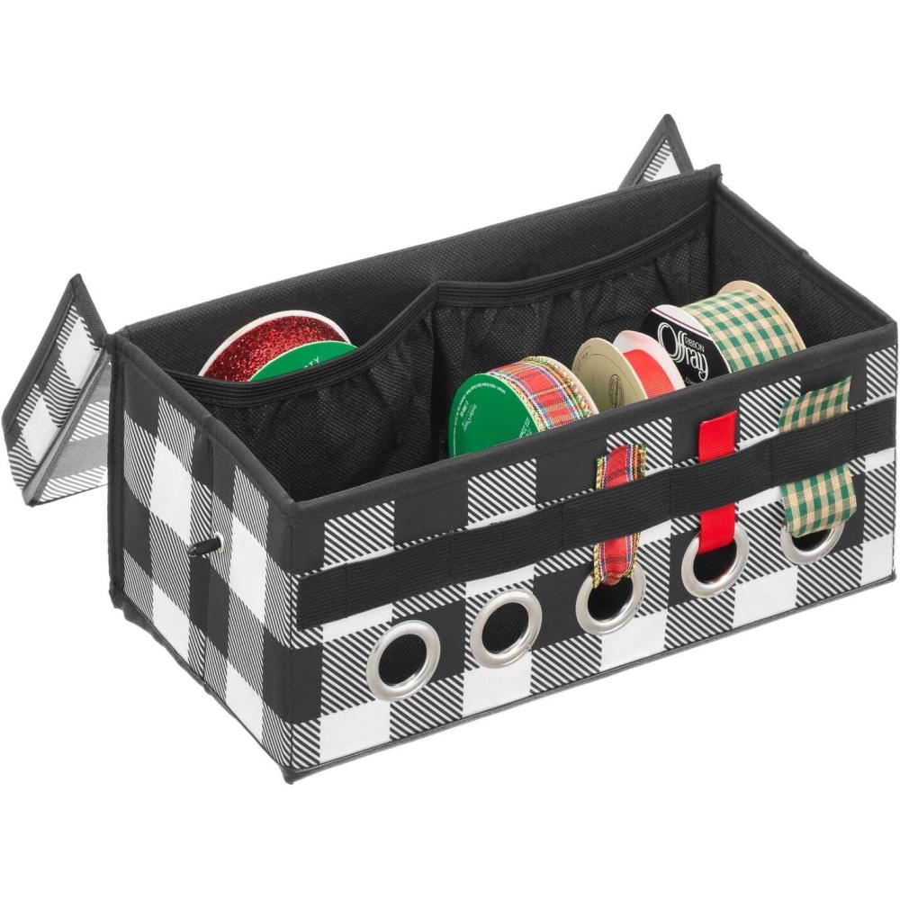 imagemDesign GiftWrapping Ribbon Storage Box with Handles  Holiday Bow Organizer Container with Lid  Christmas Giftwrap Ribbon Holder  Gift Storage Tote Bin and Bow Station  Buffalo Plaid BlackWhite