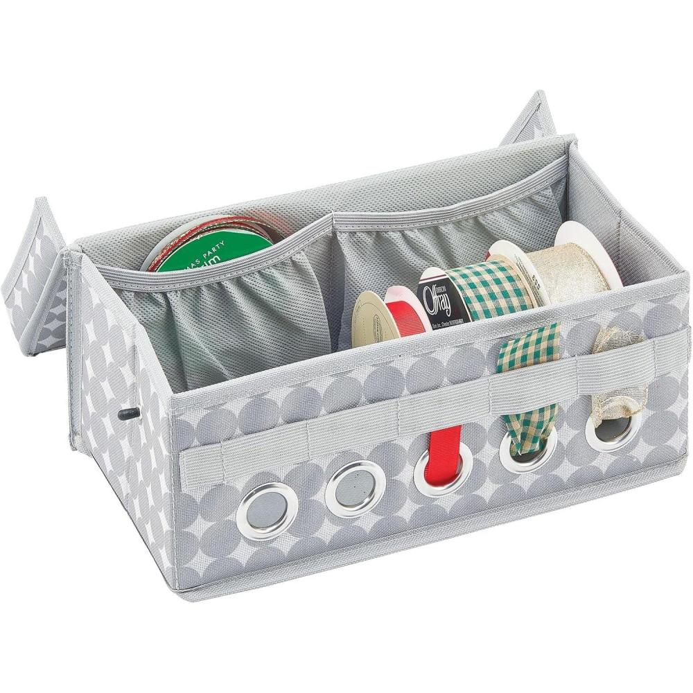 imagemDesign GiftWrapping Ribbon Storage Box with Handles  Holiday Bow Organizer Container with Lid  Christmas Giftwrap Ribbon Holder  Gift Storage Tote Bin and Bow Station with Polka Dots  Gray