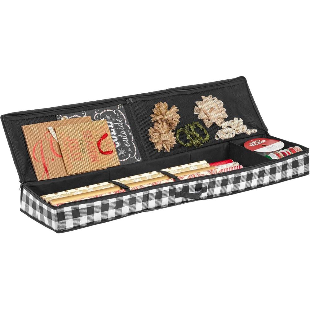 imagemDesign Long GiftWrapping Paper Storage Bag with Handles Holder for Christmas and Holiday Organizer Container Box  Zipper Lid for Rolls of Wrap Under Bed Storage Totes Buffalo Plaid BlackWhite