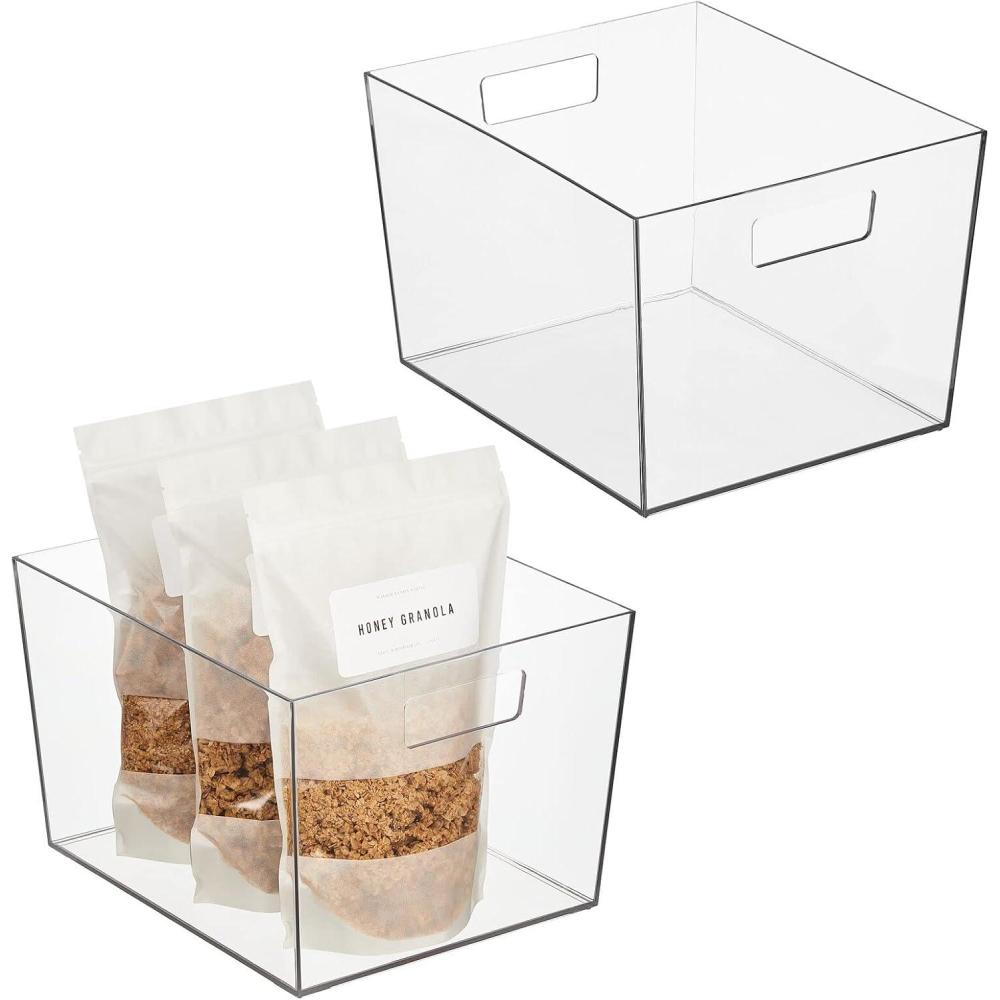 imagemDesign Nate Home by Nate Berkus Wide Plastic Bin with Handles  Perfect Organizer for Kitchen Storage or Fridge and Pantry Organization from mDesign  Set of 2 Clear