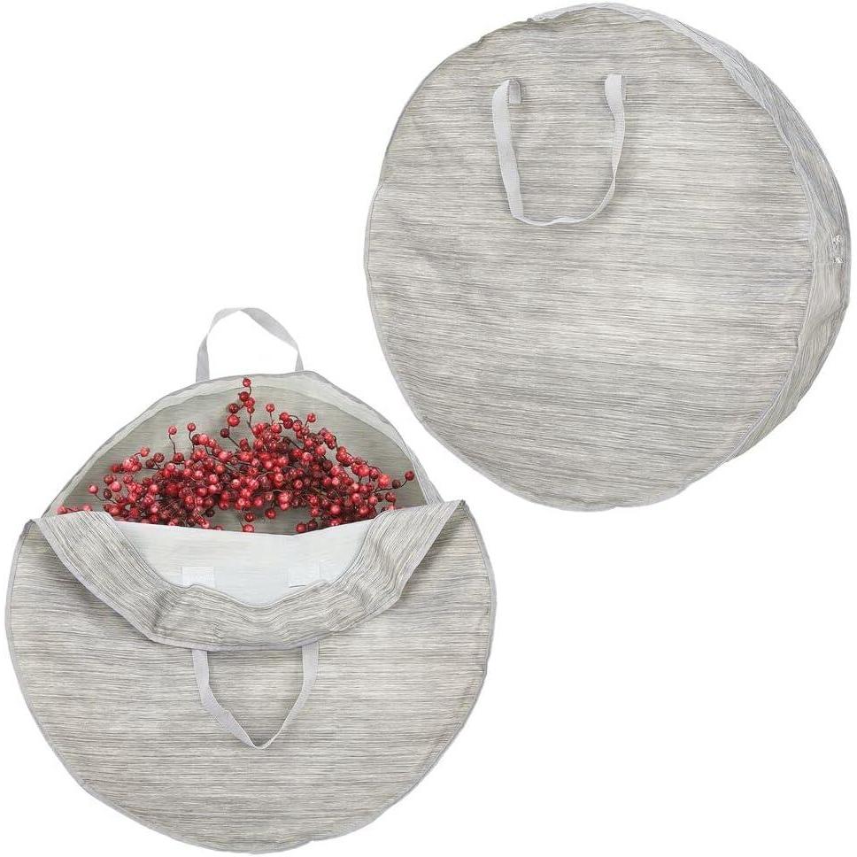 imagemDesign Round 30quot Wreath Storage Container with Handles  Fabric Christmas Wreath Storage Bag and Protector  Garland Storage Bag Container  Holiday Decoration Organizer  2 Pack Striped TaupeTan
