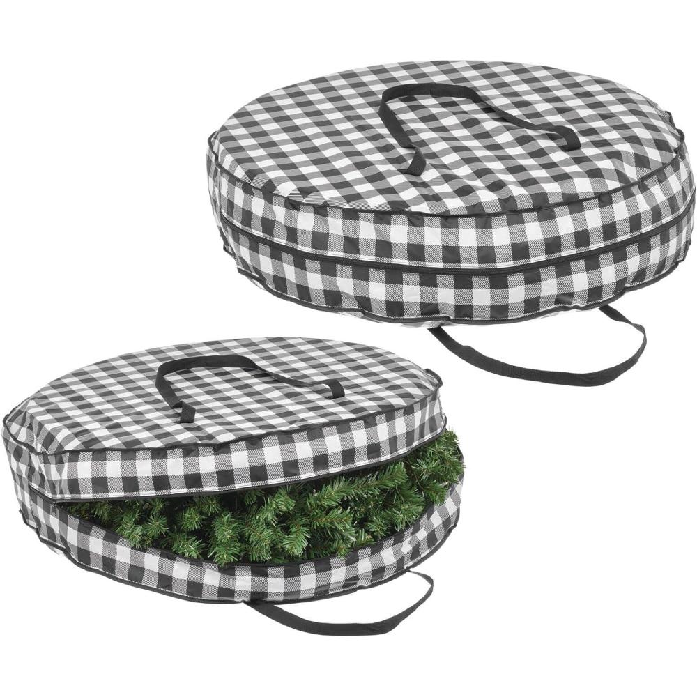 imagemDesign Round 36quot Wreath Storage Container with Handles Fabric Christmas Wreath Storage Bag Protector Garland Storage Bag Container Holiday Decoration Organizer 2 Pack Buffalo Plaid BlackWhite