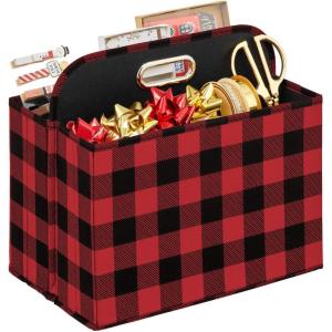imagemDesign Holiday Storage Box for Gift Wrapping and Bows with Compartments and Handle  Christmas Organizer Tote for Ribbons  Divided Container for Crafts and Stationary  Buffalo Plaid RedBlack