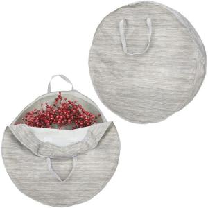 imagemDesign Round 30quot Wreath Storage Container with Handles  Fabric Christmas Wreath Storage Bag and Protector  Garland Storage Bag Container  Holiday Decoration Organizer  2 Pack Striped TaupeTan