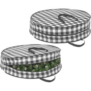 imagemDesign Round 30quot Wreath Storage Container with Handles Fabric Christmas Wreath Storage Bag Protector Garland Storage Bag Container Holiday Decoration Organizer  2 Pack Buffalo Plaid BlackWhite