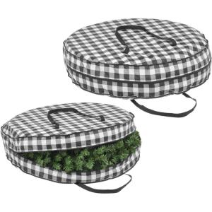 imagemDesign Round 36quot Wreath Storage Container with Handles Fabric Christmas Wreath Storage Bag Protector Garland Storage Bag Container Holiday Decoration Organizer 2 Pack Buffalo Plaid BlackWhite