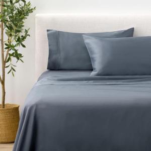 imageNate Home by Nate Berkus 300TC Cotton Bedding 4Piece Deep Pocket Sheet Set  Soft Smooth Sateen Weave from mDesign  Queen Size  1 Flat Sheet1 Fitted Sheet2 Pillowcases Whale Navy Blue