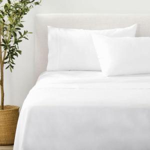 imageNate Home by Nate Berkus 300TC Cotton Bedding 4Piece Deep Pocket Sheet Set  Soft and Smooth Sateen Weave from mDesign  Queen Size  1 Flat Sheet1 Fitted Sheet2 Pillowcases Snow White