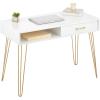 imagemDesign MetalWood Modern Computer Table With Drawer  Minimalist Desk With Storage Cubby and Hairpin Legs  Small Work Surface for Home Office Study  WhiteSoft Brass