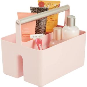 imagemDesign Under Sink Storage  Plastic and Metal Bathroom Caddy for Shampoo and Soaps  Portable Cosmetics Storage Organiser  BlushSatinLight PinkSatin