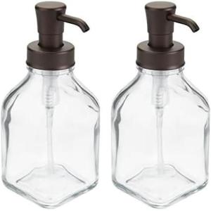 imagemDesign Square Glass Refillable Liquid Soap Dispenser Pump Bottle for Bathroom Vanity Countertop Kitchen Sink  Holds Hand Soap Dish Soap Hand Sanitizer Essential Oils  2 Pack  ClearBronzeClearBronze