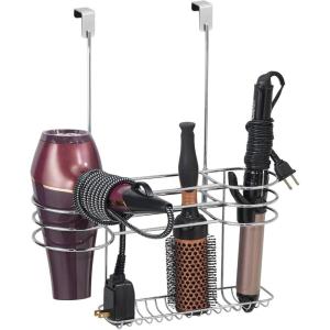 imagemDesign Hair Dryer Holder  Over Door Rack for Heated Tool and Hair Dryer Storage  Hanging Basket and Stand  SilverChrome