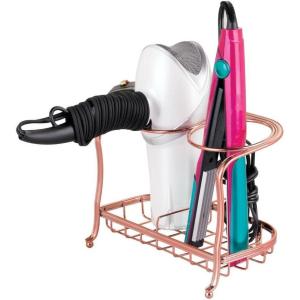 imagemDesign Hair Dryer and Flat Iron Holder  Ideal for Storage of Hair Dryer Hair Straightener Hair Brushes and More  Metal Hair Dryer Stand  Rose GoldRose Gold